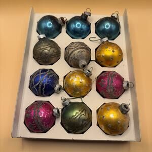 12 Vintage Shiny Brite Glass Christmas Tree Ornaments Mixed Original Box